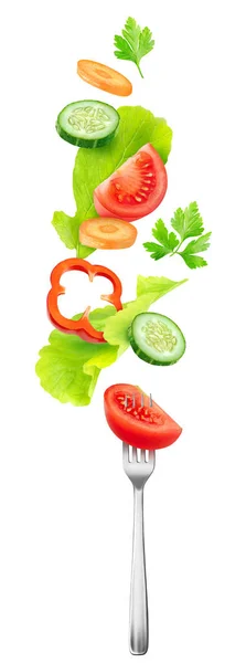分离的沙拉蔬菜 新鲜的西红柿 胡萝卜 甜椒和生菜叶在空气中的叉子在白色背景下与修剪路径隔离 — 图库照片