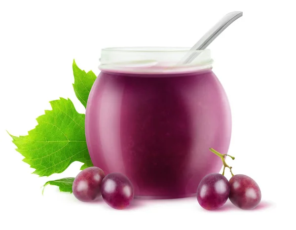 Isolated Grapes Jelly Red Grapes Leaf Open Jam Jar Spoon — Stock Photo, Image