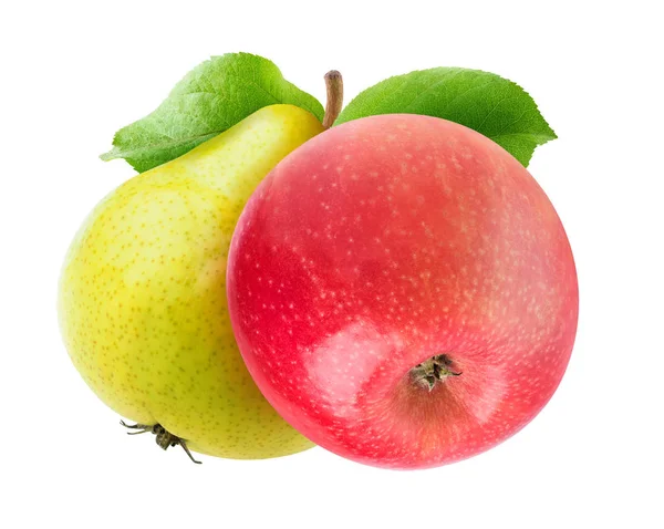 Dvě Izolované Ovoce Větvi Žlutá Hruška Zelené Červené Jablko Listy — Stock fotografie