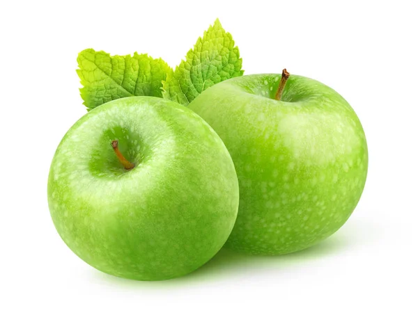 Isolerade Apple Två Gröna Granny Smith Äpplen Och Blad Mynta — Stockfoto