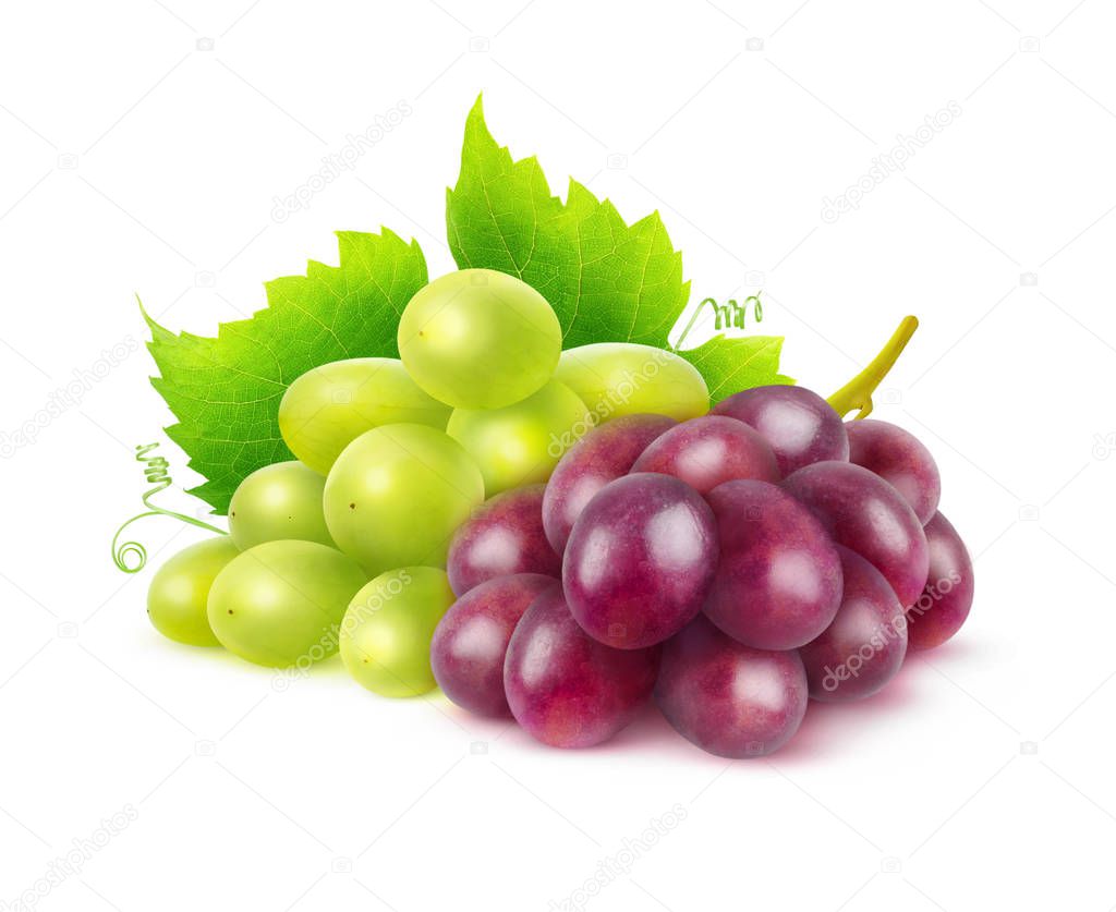 Two varieties of grapes. Bunches of white and red grapes isolated on white background with clipping path