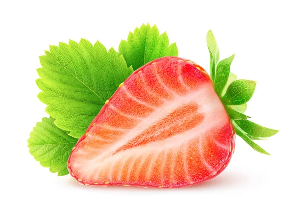 Hälften Jordgubb Frukt Med Leaf Isolerad Vit Bakgrund Med Urklippsbana — Stockfoto