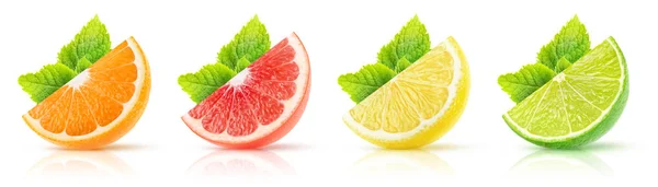 Geïsoleerde Citrusvruchten Collectie Wiggen Van Oranje Roze Pompelmoes Citroen Limoen — Stockfoto