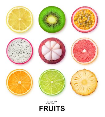 İzole meyve dilimleri. Adet limon, kivi, tutku meyve, dragon meyve, mangosten, greyfurt, portakal, limon ve kırpma yolu ile beyaz arka plan üzerinde ananas izole