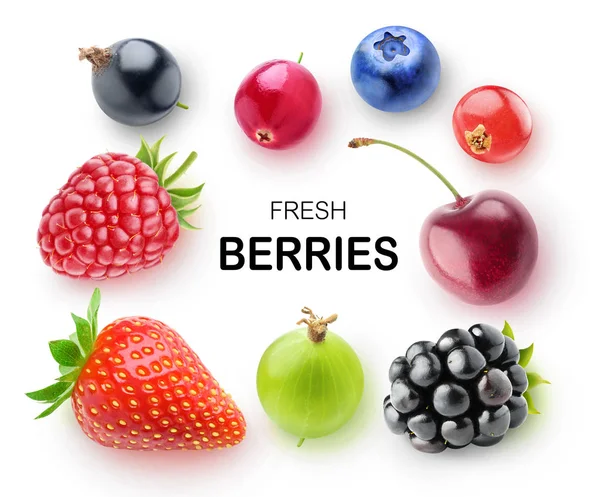 Isolated Fresh Berries Strawberry Raspberry Blackberry Blueberry Cranberry Cherry Gooseberry — Stock Photo, Image