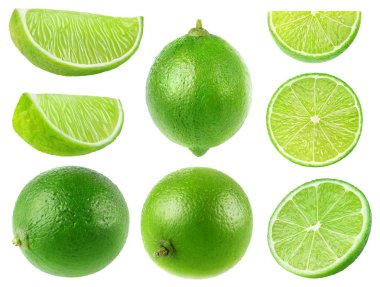 Isolated limes. Collection of whole and lime fruits isolated on white background with clipping path clipart