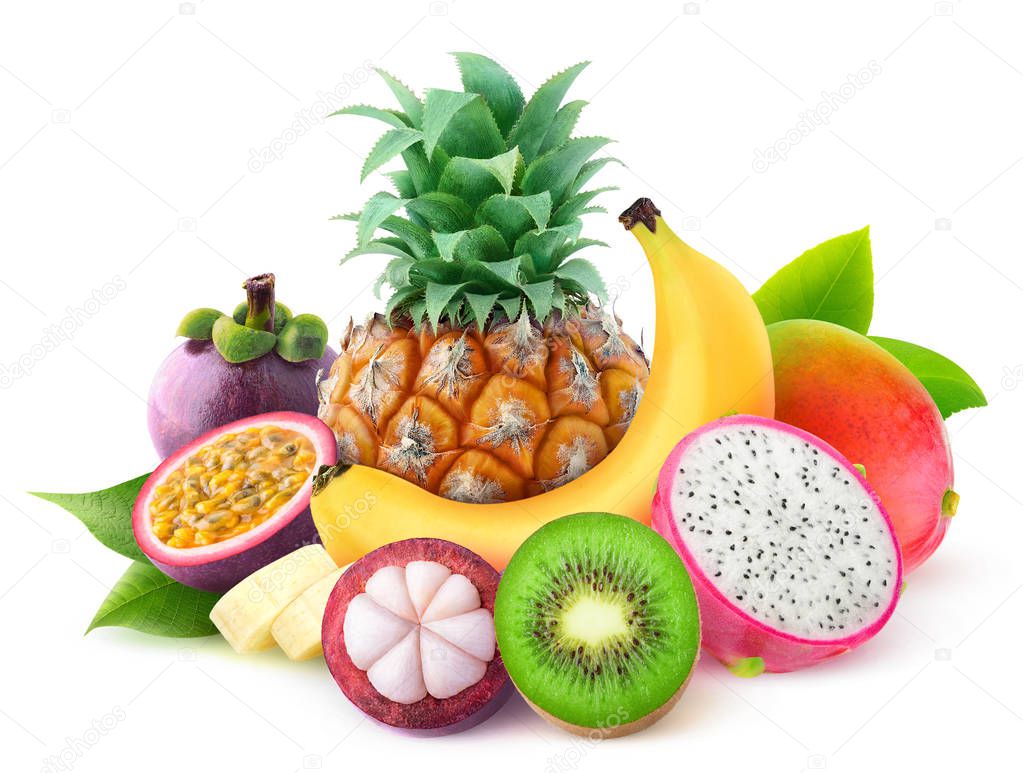 Isolated tropical fruits. Pineapple, banana, mango, kiwi, mangosteen, maracuya and dragon fruit in a pile isolated on white background with clipping path