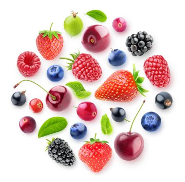 Isolated fresh berries in a circular composition. A group of strawberry, cherry, blackberry and other fresh berries isolated on white background with clipping path clipart
