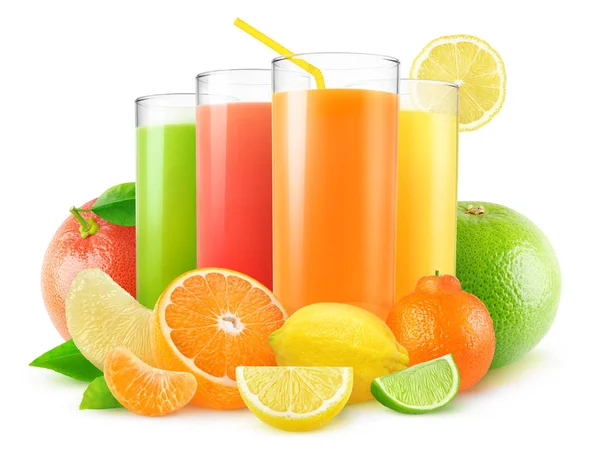 Jugos Aislados Cuatro Vasos Jugo Fresco Montón Cítricos Pomelo Naranja — Foto de Stock