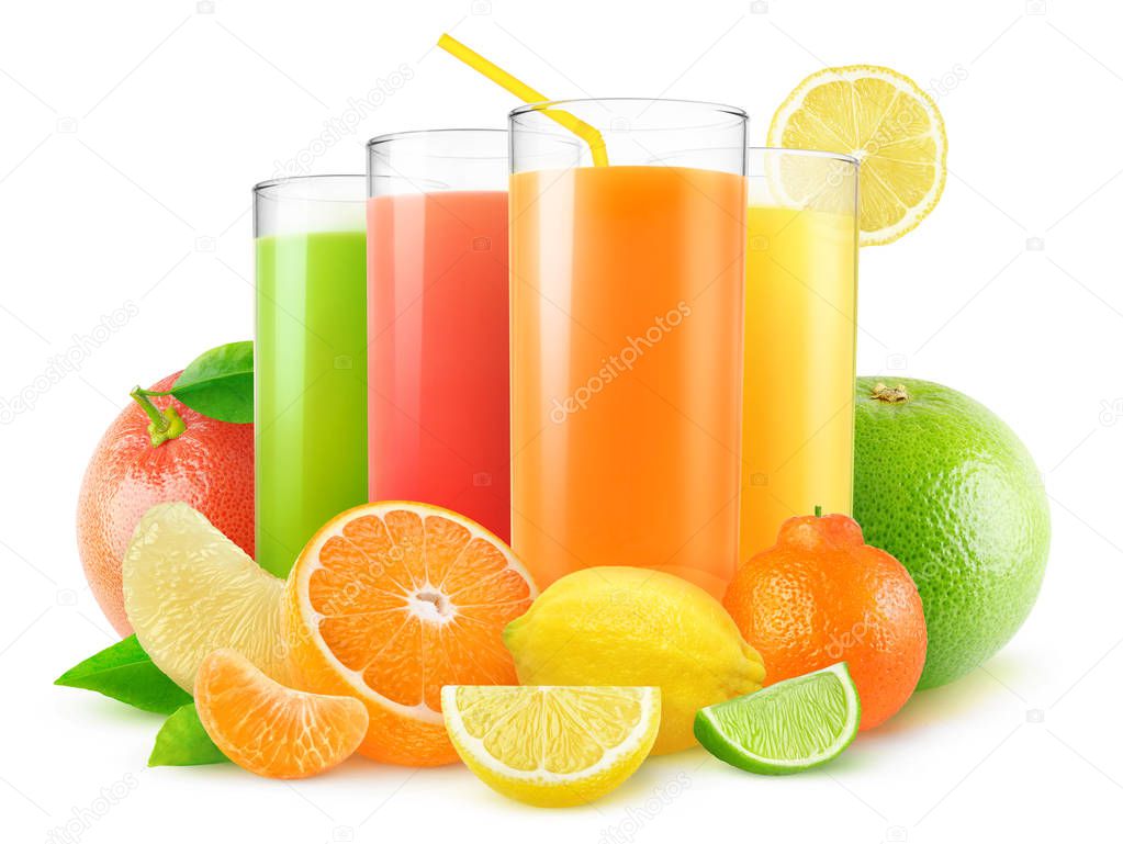 Isolated juices. Four glasses of fresh juice and pile of citrus fruits (grapefruit, orange, lemon, lime, tangerine) isolated on white background with clipping path