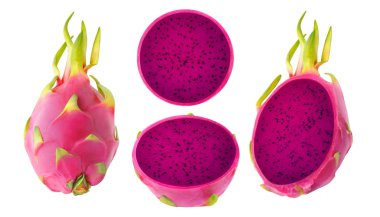İzole dragonfruit. Kırpma yolu ile beyaz arka plan üzerinde izole bütün ve kesme pitahaya kırmızı etli meyve toplama