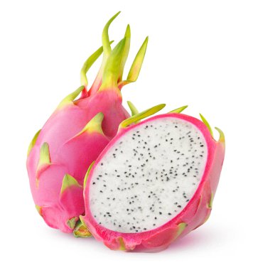 İzole dragonfruit. Beyaz etli pitaya kırpma yolu ile beyaz arka plan üzerinde izole meyve kesme