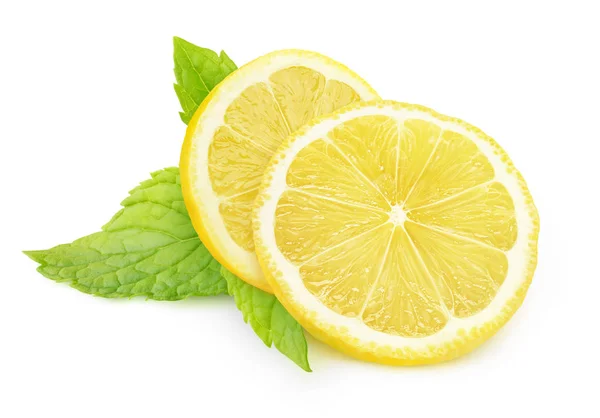 Geïsoleerde stukken citroen en muntblad — Stockfoto