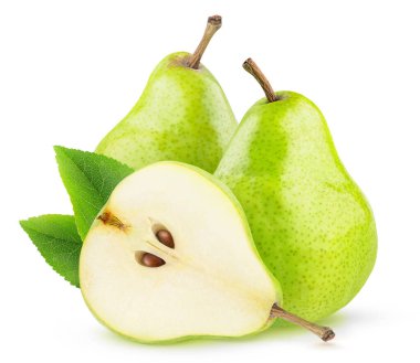 İzole edilmiş yeşil armut meyveleri. İki yeşil armut ve beyaz arka planda izole tohumlar.