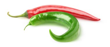Isolated hot peppers. Red and green chili peppers of curved shape isolated on white background clipart
