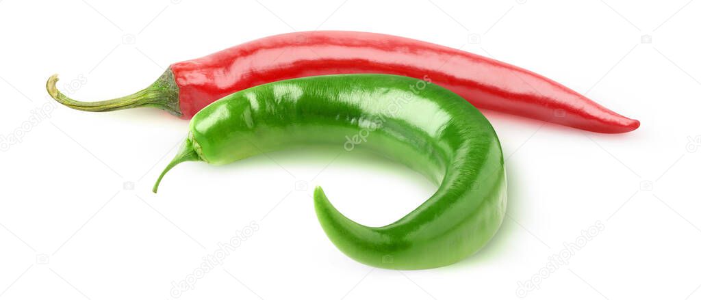 Isolated hot peppers. Red and green chili peppers of curved shape isolated on white background