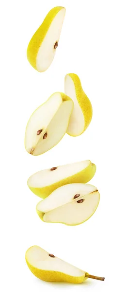Isolated Pear Pieces Air Falling Slices Yellow Pears Isolated White — Stock Photo, Image