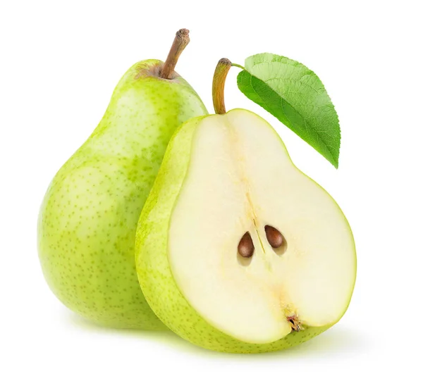 Isolated Pears One Green Pear Half Leaf Isolated White Background — Stock Photo, Image