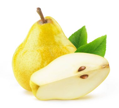 İzole armut meyvesi. Bir adet sarı armut ve beyaz arka planda izole edilmiş bir parça.