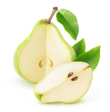 İzole edilmiş yeşil armut. Bir yeşil armut, beyaz arkaplanda izole edilmiş bir parça.