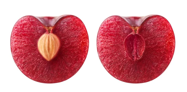 分离的樱桃一半 新鲜甜樱桃果切成两半 果核和果核分开 白色背景 — 图库照片