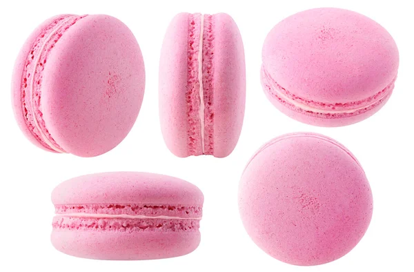 Collection Isolée Macarons Roses Macaron Fraise Framboise Sous Différents Angles — Photo