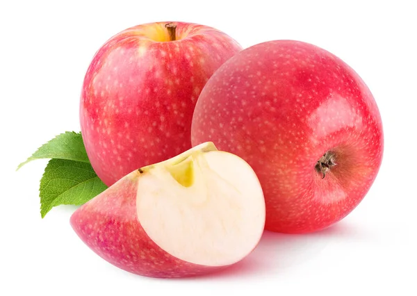 Izolované Ovoce Dvě Celá Růžová Jablka Plátek Izolované Bílém Pozadí — Stock fotografie