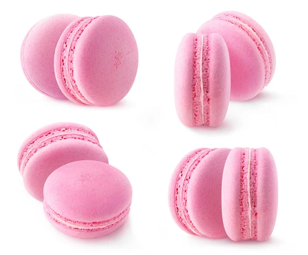 Collection Macaron Rose Isolé Deux Macarons Fraise Framboise Isolés Sur — Photo