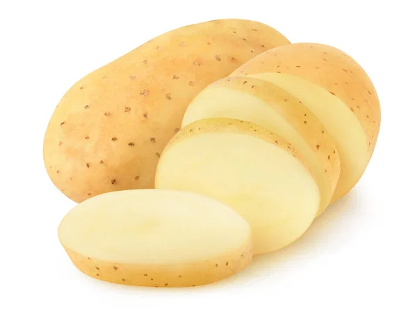 Изолированная Мытая Картошка Целый Сырой Картофель Разрезанный Куски Белом Фоне — стоковое фото