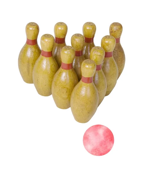 Antika Trä Bowling Stift Och Boll Väg Ingår — Stockfoto