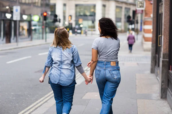 Parejas Lesbianas Que Caminan Juntas Tendiendo Las Manos — Foto de Stock