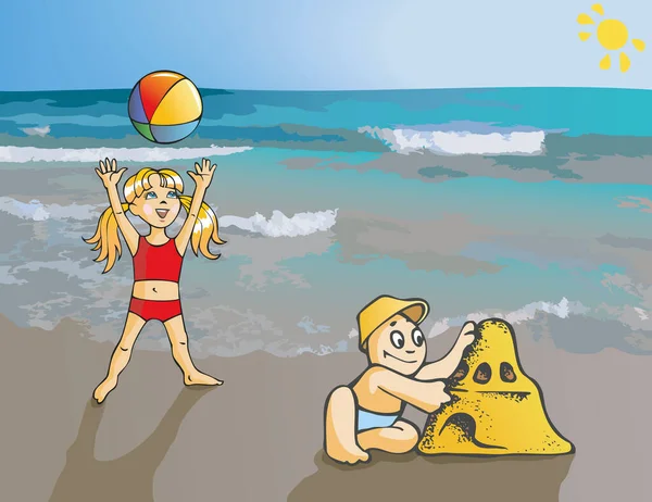Bambini Che Giocano Sulla Spiaggia Mare Illustrazione Vettoriale — Vettoriale Stock