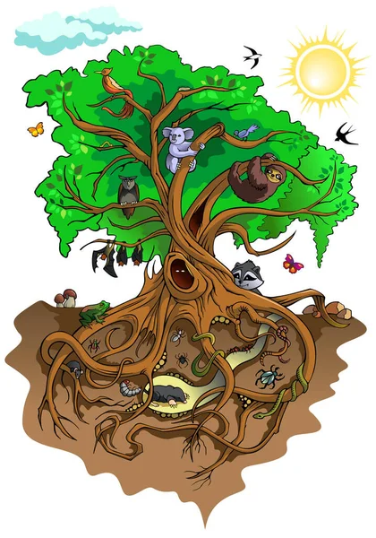 Inhabitants Tree Different Creatures Living Tree Vector Illustration — Stock Vector