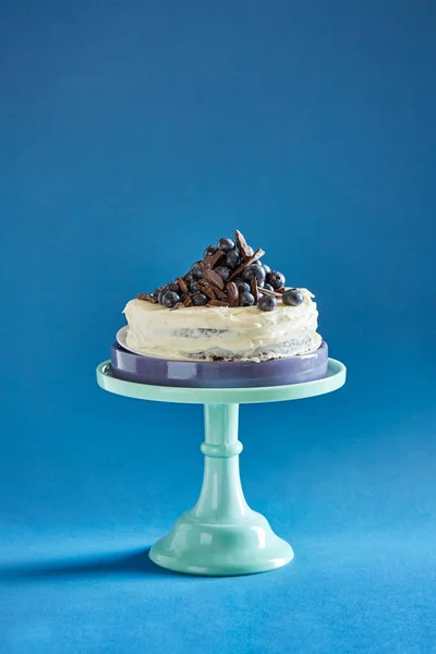 Blueberry Cake Blue Tray Blue Background — Stock Photo, Image