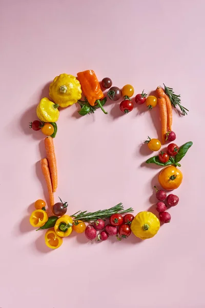 Mélange Légumes Dans Cadre Avec Copyspace Sur Fond Rose Images De Stock Libres De Droits