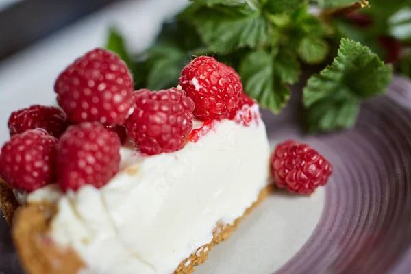 Slice Fresh Cheesecake Raspberries Mint — Stock Photo, Image