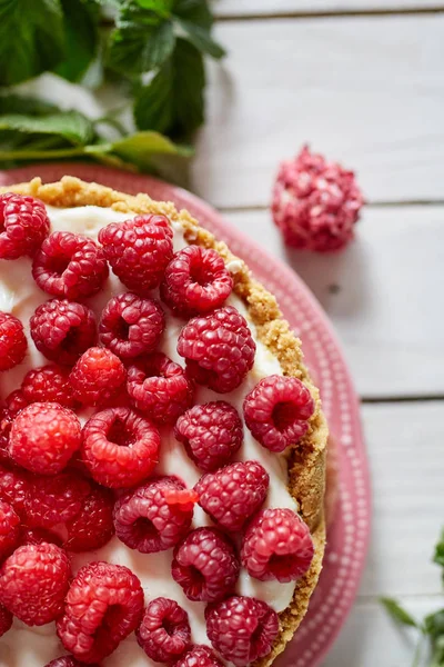 Top View Fresh Cheesecake Raspberries — Stock Photo, Image