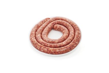 Çiğ sosis beyaz izole ile Plastik konteyner