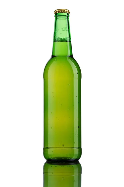Bottle of ice cold beer with ice and drops — Stock Photo, Image