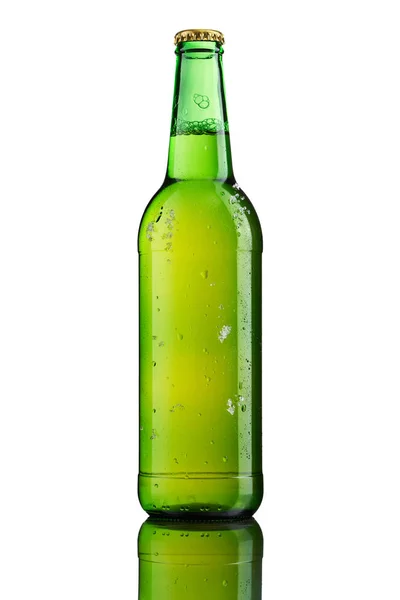 Bottle of ice cold beer with ice and drops — Stock Photo, Image