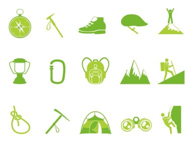 isolated green color climbing mountain icons set from white background clipart