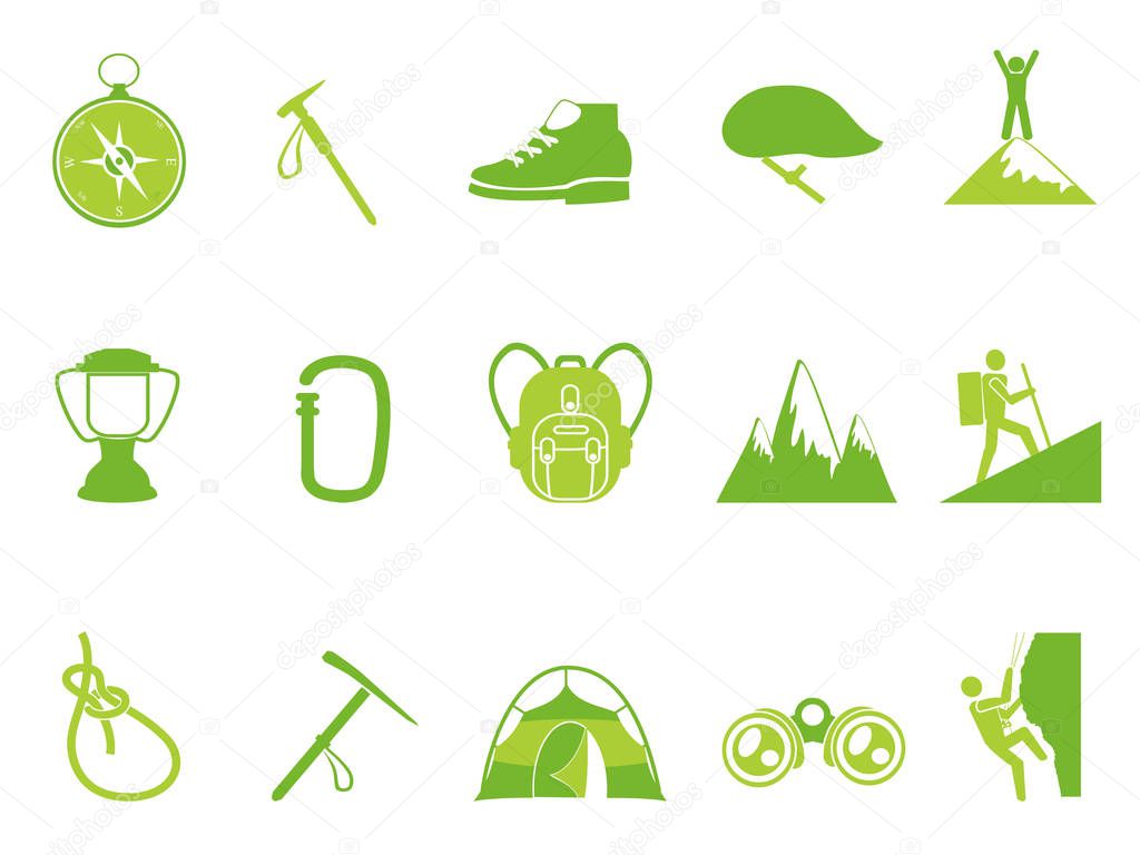 isolated green color climbing mountain icons set from white background