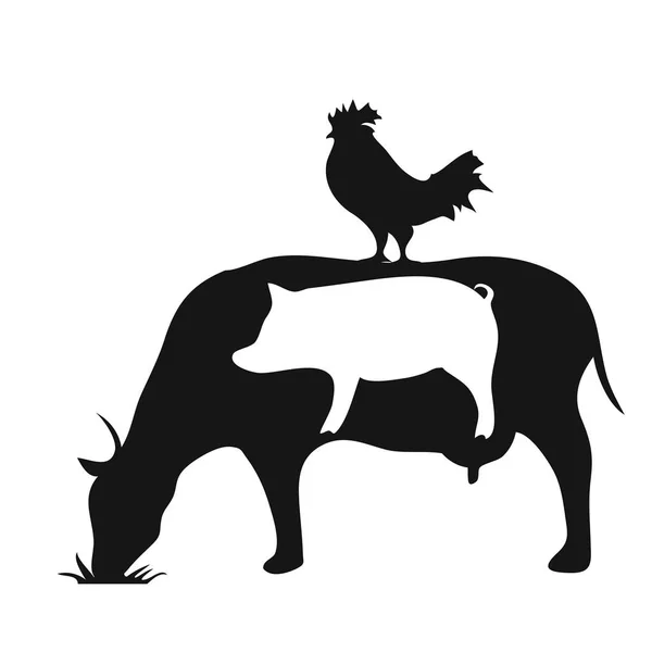 被隔绝的黑白农场动物猪母牛鸡剪影标志在白色背景上 — 图库矢量图片