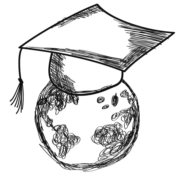 从白色背景下的地球矢量孤立涂鸦毕业帽 — 图库矢量图片