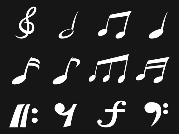 Iconos Nota Musical Cabeza Libre Blancos Aislados Sobre Fondo Negro — Archivo Imágenes Vectoriales
