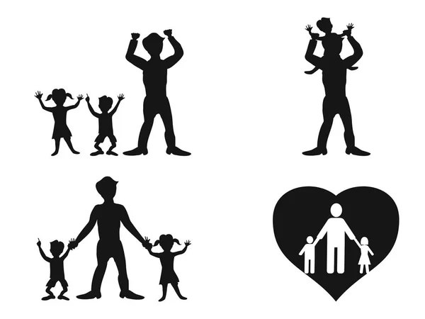 Père Isolé Avec Des Enfants Vecteur Silhouette Fond Blanc — Image vectorielle