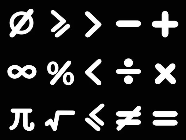 Iconos Matemáticos Blancos Aislados Establecidos Sobre Fondo Negro — Archivo Imágenes Vectoriales