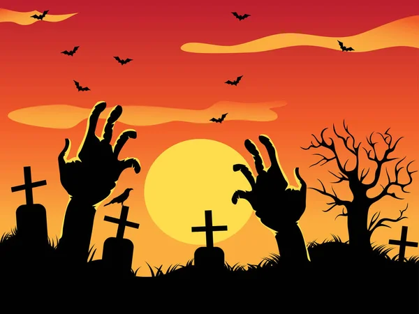 Fundo Design Halloween Com Mãos Zumbis Árvore Morta Cemitério —  Vetores de Stock