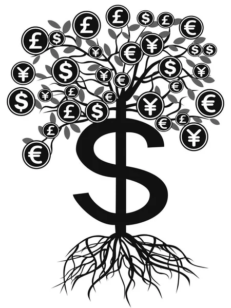 Izole Kara Parayla Para Birimi Ağaç Beyaz Arka Plan Stok Vektör
