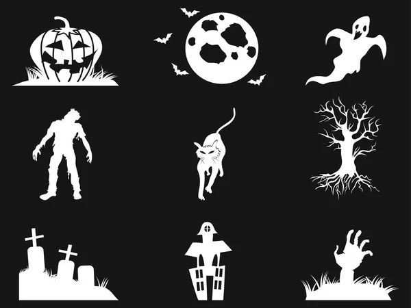 Aislado Iconos Halloween Blanco Conjunto Fondo Negro Gráficos vectoriales